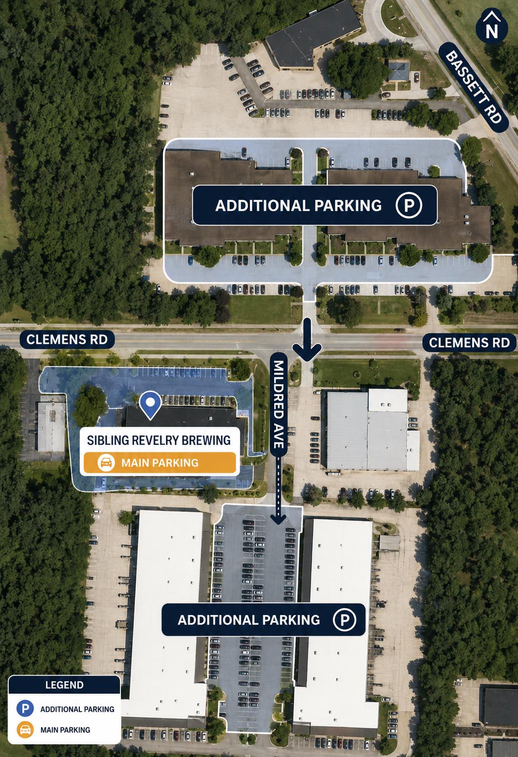 Parking map for Sibling Revelry Brewing showing the main lot and two additional lots