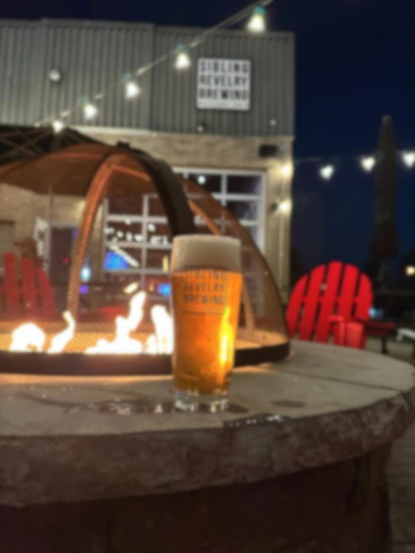 Outdoor patio and fire pit in the evening